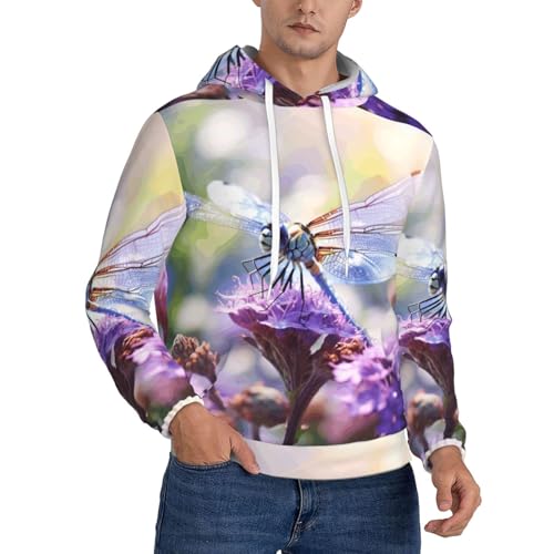 nanger Dragonflies And Flowers Print Men'S Casual Hooded Sweatshirt, Thin Fleece Long Sleeve Hoodie Pullover With Pocket - Main Image