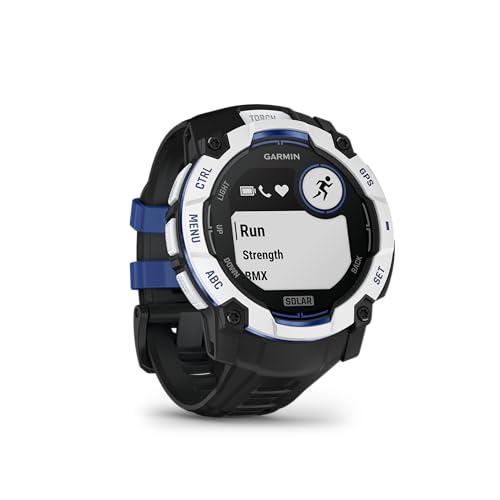 Image of Garmin Instinct 3 - 50 mm, Solar, Rugged Outdoor GPS Smartwatch, Built-in Flashlight, Supernova Collection Limited Edition Color, Whitestone with Black /Bolt Blue Silicone Band