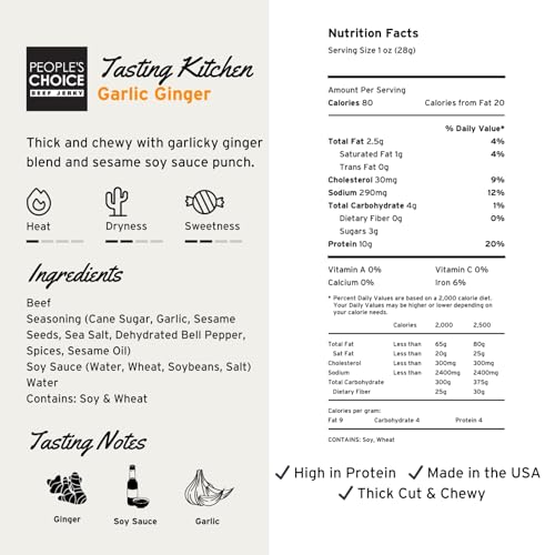 People’s Choice Beef Jerky – Tasting Kitchen – Garlic Ginger – Sweet & Savory – 10g Protein – Made in USA – 1 Pound (16 oz) Bag