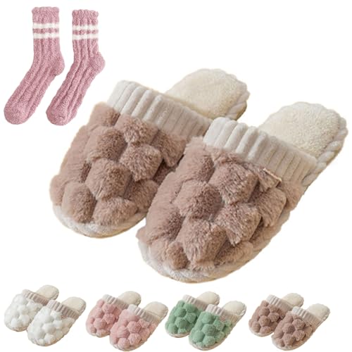 LELEBEAR Fashionable Colorblock Faux Fur Slippers for Women, Ladies Colorblock Faux Fur Slippers Casual Slip On Plush Lined Shoes