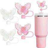 Pink Straw Toppers Set, 4PCS 10mm Butterfly Straw Covers Cap Compatible with Stanley Cups 30&40 Oz Tumbler with Handle, Reusable Silicone Drinking Tips Accessories for Girls