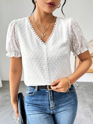 Image of Shasmi Women's Elegant French Textured Fabric Solid Color Lace Panel V-Neck Jacquard Blouse,Short Puff Sleeve Tops Simple Daily Spring /Summer Casual Blouse Shirt (Top 178)
