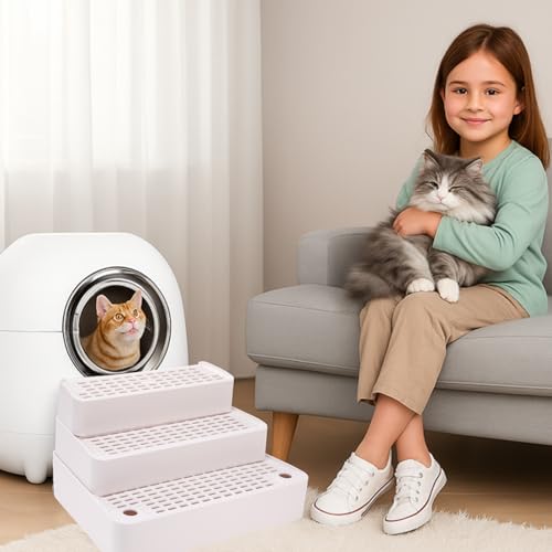 Vesici Adjustable 3 Steps Litter Box Ramp with 20 Waste Bags Pet Steps for Cats with Filter Function Non Slip Cat Litter Stair for Automatic Box Small Elder cat (White) by Vesici - Used condition - Image 6
