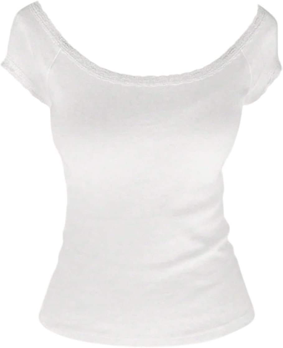 Women's Summer Scoop Neck Lace Tops Cute Cap Sleeve Fitted Going Out T Shirts