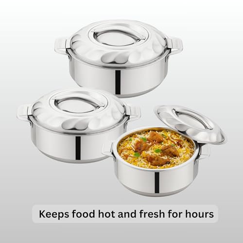 Image of Stainless Steel Casserole with Lid, Set of 3 (2500 ml, 3500 ml, 5000 ml), Double Wall Insulated Hotpot, Keeps Food Hot & Fresh, Durable Heavy Duty, Ideal for Roti, Rice, Curry, Biryani - Silver