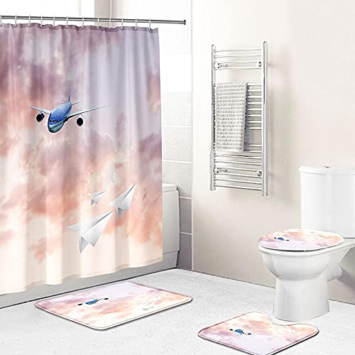 ZDDWLDL 4-Teilig Duschvorhang Set Mit Rutschfesten Teppichen Toilettendeckel Und Badematte Wasserdicht Farbfest Schimmel… – Bild 3