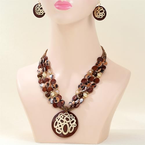 Gold/Silver plated Circle Metal Patterned Shell Pendant Necklace and Earrings Colorful Chunky Layered Shell Crystal Stone Beads Necklace Set for Women Leopard Print Brown Jewelry Set Gift4