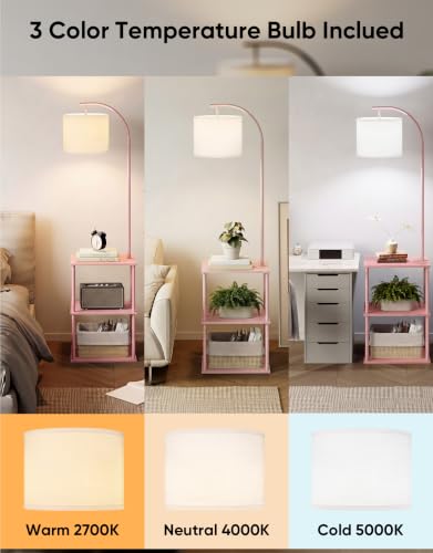 Image of PARTPHONER Floor Lamp with Table, Night Stand with Lamp, Narrow Side Table with 3CCT LED Bulb, Small Coffee Table, Modern End Table with Storage Shelves for Living Room Bedroom Home Decor Pink