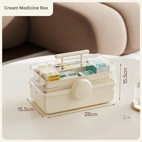 Image of HoopVool Clear Plastic Medicine Storage Box Organizer, Family Emergency Kit Portable Lockable Container for, Art Craft and Cosmetic Household Organizer (Cream, First Aid Box)