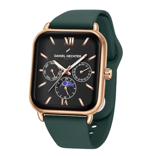 Image of Daniel Hechter Paris Montmartre Unisex Multifunction Square Watch - Black Dial with Day-Date & 24-Hour Subdials, Moonphase Display, Sustainable Silicone Strap