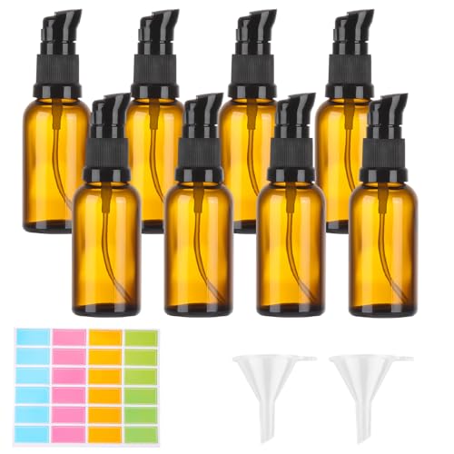 8 Pezzi Bottiglie Spray Ambrato, 30ml Flacone Spray Vuoto, Spruzzino Nebulizzatore Piccole, Flaconi Vuoti in Vetro con Imbuto e Adesivo per Lozioni, Creme per le Mani, Oli Essenziali