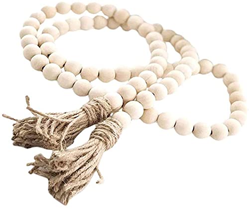 57-Inch Natural Wood Bead Garland with Tassels - Farmhouse Wall Hanging Decor for Prayer Beads