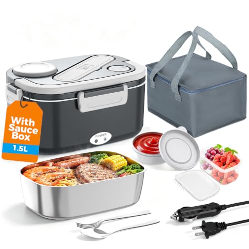 Image of HOLDRUBY Electric Heated Lunch Boxes Adults: 100W Protable Food Warmer with Sauce Box 1.5L Heatable Lunch Box for Car /Truck /Office 12 /24 /110-230V Leak-Proof Stainless Steel Container,Fork & Spoon,Bag