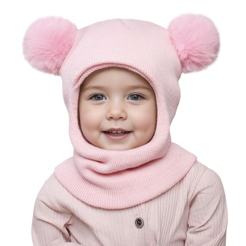Toddler Winter Hat Baby Scarf Earflap Hood Skull Caps Boys Girls Winter Scarf Hat Set 1-6T Kids Beanie Balaclave Pink Color