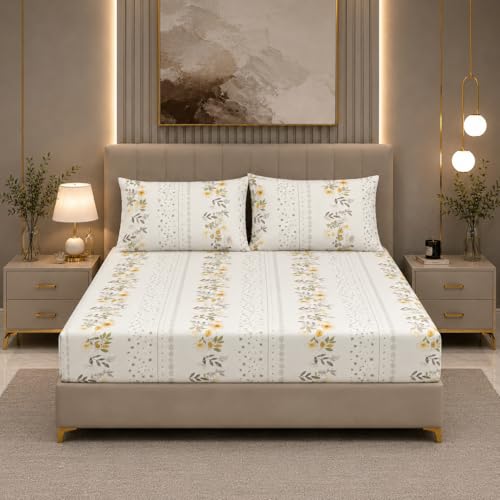Image of Premium Cotton King Size All Around Elastic Fitted Bedsheet Set with 2 Pillow Covers | Soft & Breathable Fabric | Secure 360 Elastic Fit (72 inch x 78 inch inches, Whitefield)