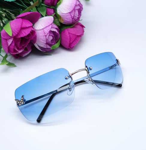 Rimless Y2K Sunglasses for Women Men Fashion Wrap Around Sunglasses Tinted Lens 2000s Sun Glasses Shades Butterfly4