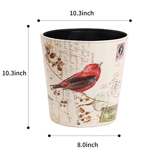 Image of PU Leather Small Trash Can Wastebasket, Round Garbage Container Basket for Bathrooms, Laundry Room, Kitchens, Offices, Kids Rooms, Bedrooms,Dorms,Home Decorative Art Bin, 2.9 Gallon(Bird Design)