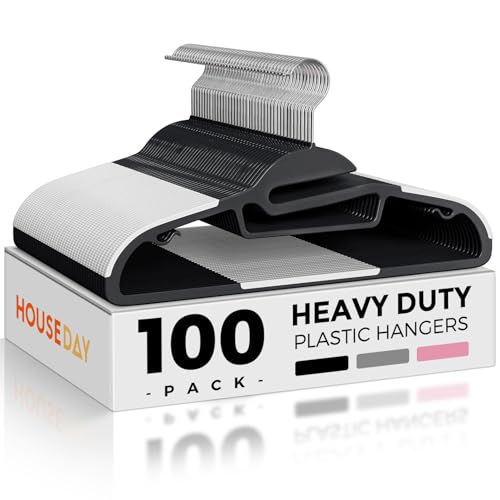 Image of HOUSE DAY Slim Plastic Hangers with Non Slip Rubber Pads, 100 Pack, Black | Space saving closet organizer, heavy duty S-shape, rubber grip pads help keep shirts, suits, coats, pants, skirts in place
