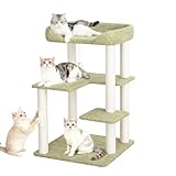 PETTIFUL Cat Tree for Large Cat, Modern Senior Friendly Cat Tower with Wide Shelves Low Step, Cotton Scratching Posts, Super Sturdy Base, Cozy Perches, Interactive Toys (Linen Fabric Green 37.4-Inch)