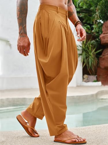 PASLTER Mens Harem Pants Cotton Yoga Casual Pleated Hippie Aladdin Summer Pants3