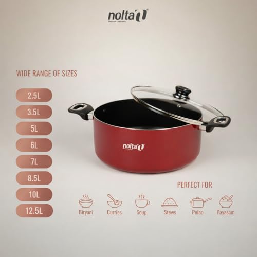 Image of Nolta PS Biryani Pot (10L) ISI Certified Induction Cookware, 1yr Replace-Guarantee, PFOA-Free Non-Toxic Durable Non-Stick Coating Biriyani Handi (32cm, Maroon)