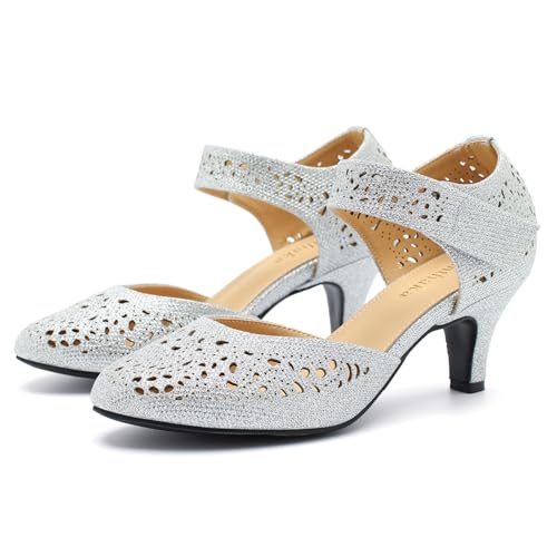 Image of Women's Comfortable Mary Jane Pumps Vintage Cutout Closed Toe Kitten Heels for Dressy Office Work