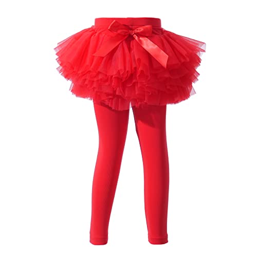 Ashken Baby Toddler Girls' Tutu Leggings Tulle Ruffle Skirted Pants Footless Tights (3 Months-5T) Red