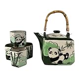 Porcelain Tea Set Square Shape 20 fl oz Teapot with 4 Hexagon Cups Hand Painted Playful Panda Design Top Handle Japanese Style