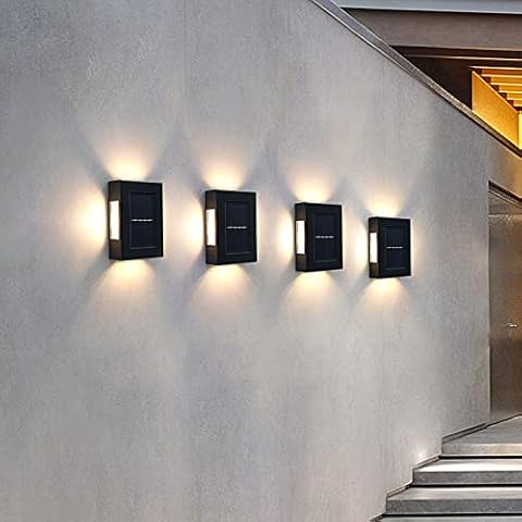 I-SHUNFA Solar Wall Light,Landscape Light 4 LEDs Up and Down Light Source,Suitable for patios, Fences, Exterior Walls, porches, Stairs (Warm White, 4-Sided Light 4 Pack) Cover