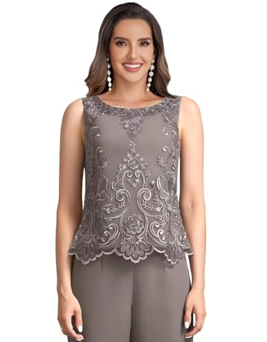 3 Pieces Mother of The Bride Pant Suits for Wedding Party Lace Chiffon Pant Suits Dressy for Women Evening2