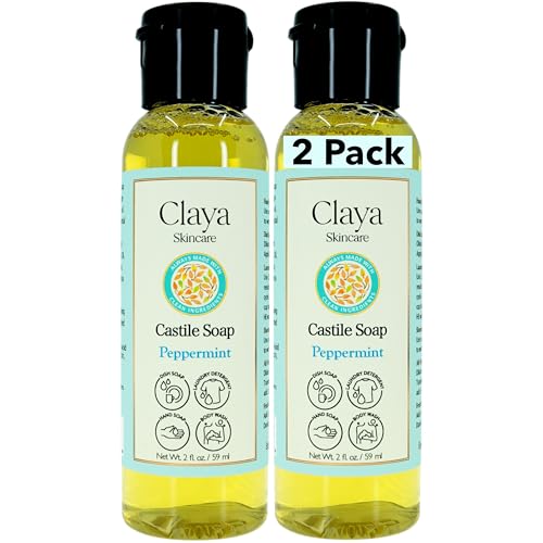 Image of Claya Peppermint Liquid Castile Soap - Organic Ingredients, Biodegradable, Gentle for Sensitive Skin, Versatile Use and Travel Size (2 Pack of 2 fl oz)