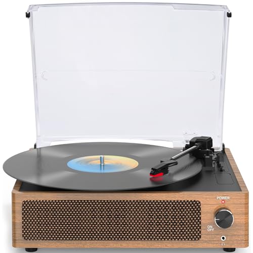 Image of Vintage Record Player for Vinyl with Speakers Retro Turntable BT Wireless Bluetooth LP Phonograph Belt-Driven Turn Table Support 3-Speed 3 Size Headphone AUX-in RCA Wooden Grain Light Brown