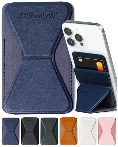 Elite Tech Gear Tarjetero seguro para teléfono con soporte ajustable, compatible con iPhone y Android, funda adhesiva para tarjetas, piel vegana, color azul oscuro