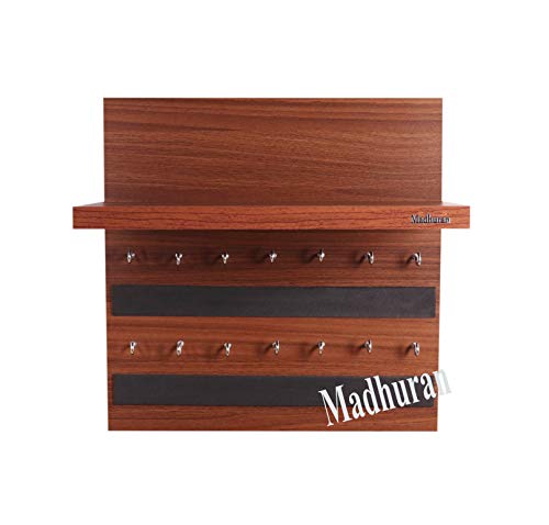 Image of Madhuran Rcbi Engineered Wood Wall Hanging Display Key Holders Stand Shelves (14 Hooks Teak) Keychain Holder Home Decor Stylish Stand Multipurpose Hanger Self Shelf