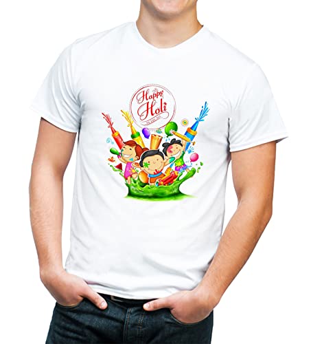 Image of Knitted Polycotton Fabric Regular Fit Men Boys Half Sleeve T-Shirt for Festival of Holi Style 16 White Size : Free