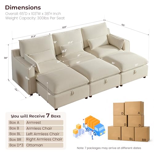 Image of WorthFurni Modern Modular Sectional Sofa,103 inch Sleeper Sofa Bed Minimalist Couch with Storage Ottoman,Comfty 6 Seat Sofa for Living Room,Beige Chenille