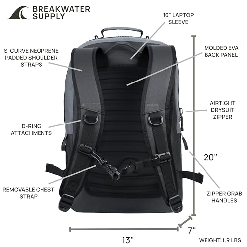 Image of Breakwater Supply Waterproof IP68 Backpack with 16-inch Laptop Sleeve and Phone Pocket for Travel, Work, Outdoors, Fishing, Boating, Hiking, Explorer 25L, Unisex, Floating Dry Bag (Cascade Gray)