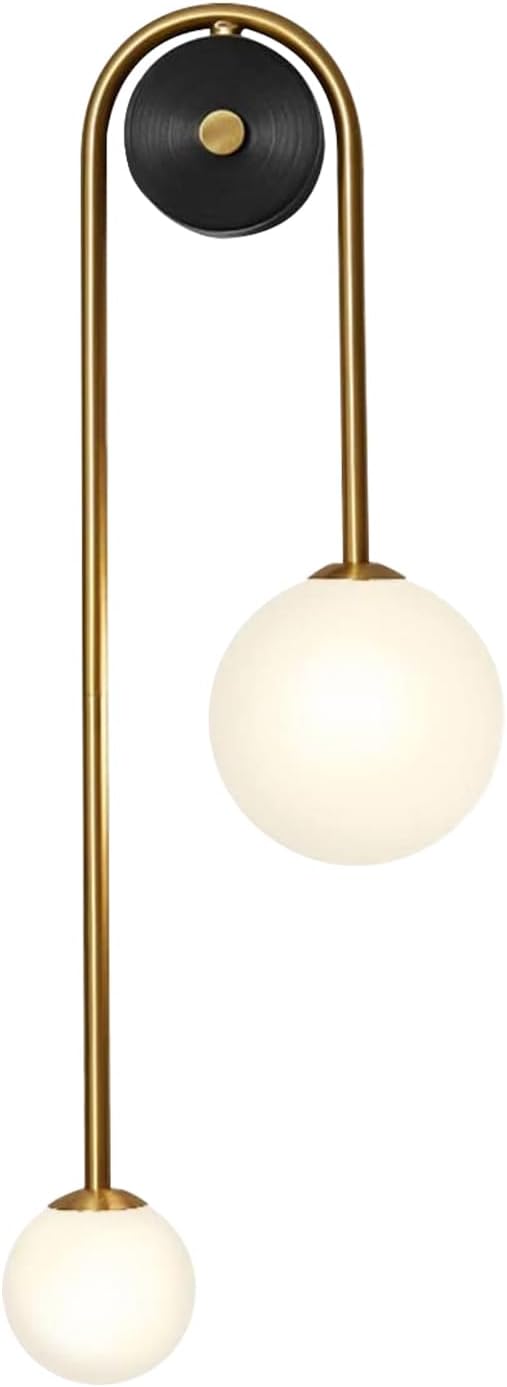 Mid Century Modern Globe Wall Sconce Indoor 2 Light Black Gold Wall Mounted Light Fixture with Milk Glass Retro Industrial Wall Lamps for Mirror Bedroom Kitchen Hallway MCL11GD-1 (1Pack)
