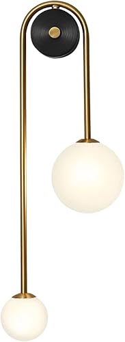 Lámpara de pared moderna de mediados de siglo con forma de globo para interiores, 2 luces, color negro y dorado, con vidrio de leche, lámparas de