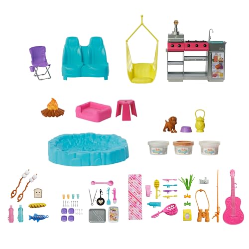 Image of Barbie Dream Camper Playset with Roof Tent, Swing Chair, Fishing Pond, BBQ Grill with Color-Change Feature & 60+ Accessories Including Dough