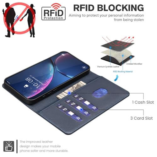 Image of Genuine Leather Finish Flip Back Cover Case for Mi Redmi A4 5G / Redmi 14C 5G / Poco C75 5G / Poco M7 5G | Inbuilt Pockets & Stand | Designer Button Magnet Flip Cover (Faux Leather (Blue)