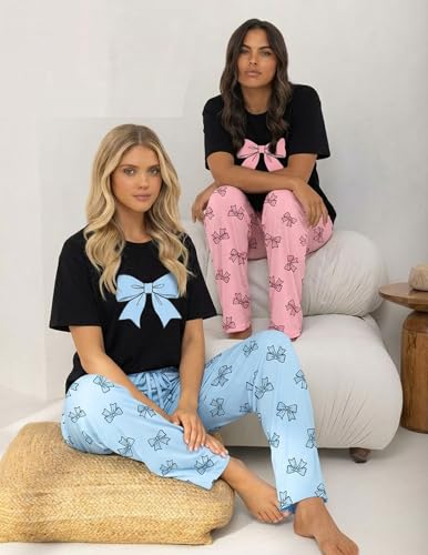 Image of Ekouaer 2 Pack Pajamas for Women Set Short Sleeve Sleepwear Top and Pants Pjs Soft Printed Lounge Sets with Pockets