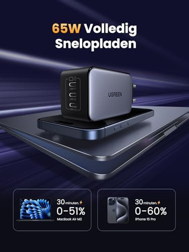 UGREEN Nexode USB C-Charger 65W GaN-Oplader met 3x USB-C-poort snellader compacte Lader compatibel met MacBook Pro/Air, HP Laptop, iPad Pro, iPhone 16-8 serie, Galaxy S24 - Afbeelding 4
