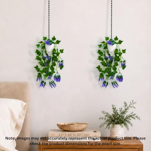 Image of fancymart Artificial Hanging Ivy Plant with White Hanging Pot & Rope, 60 cm Height, Pack of 2, Realistic Green Leaf Creeper for Home, Office, Living Room & Wall Decor