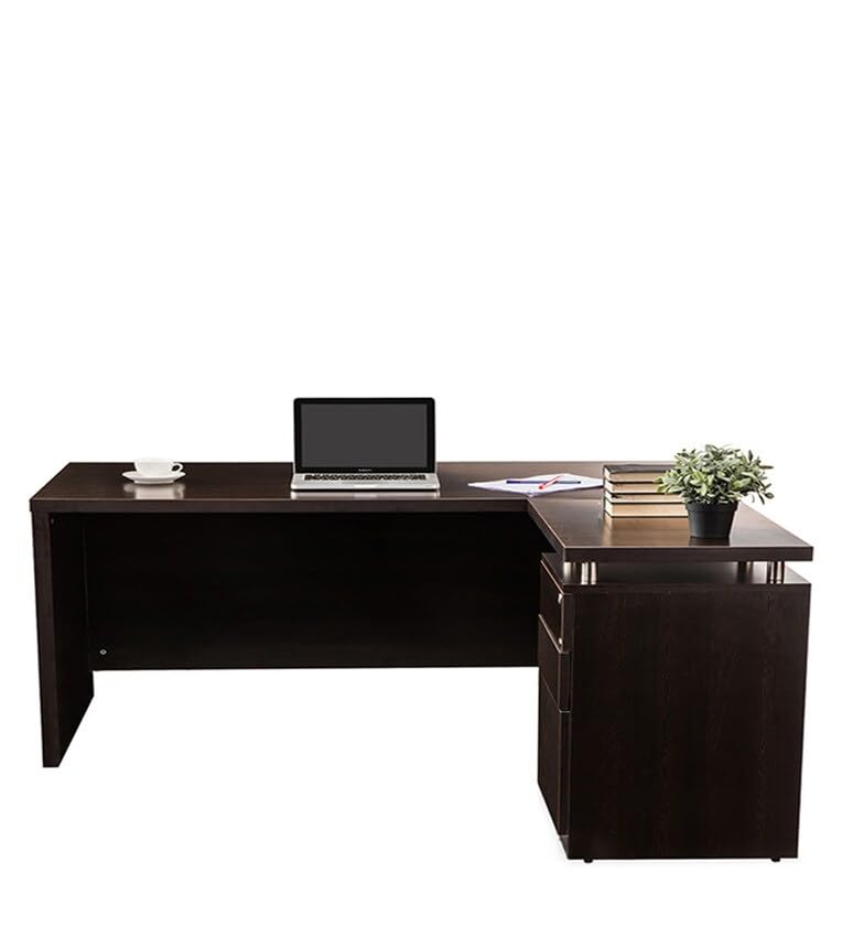 Image of Lakdi The Furniture Co Directo Table and Office Desk for L-Shape Made in Particle Board with Side Unite and Drawers Storage Wire Manager, Luxury Executive Desk Wenge Brown Color- (LDL-559)