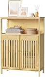 Generisch Badezimmerschrank Badschrank Bambus, mit 2 Lamellentüren, verstellbaren Einlegeböden und offenem Fach, Küchenschrank Aufbewahrungsschrank Mehrzweckschrank, Bambusfarbe, 70x98x32 cm