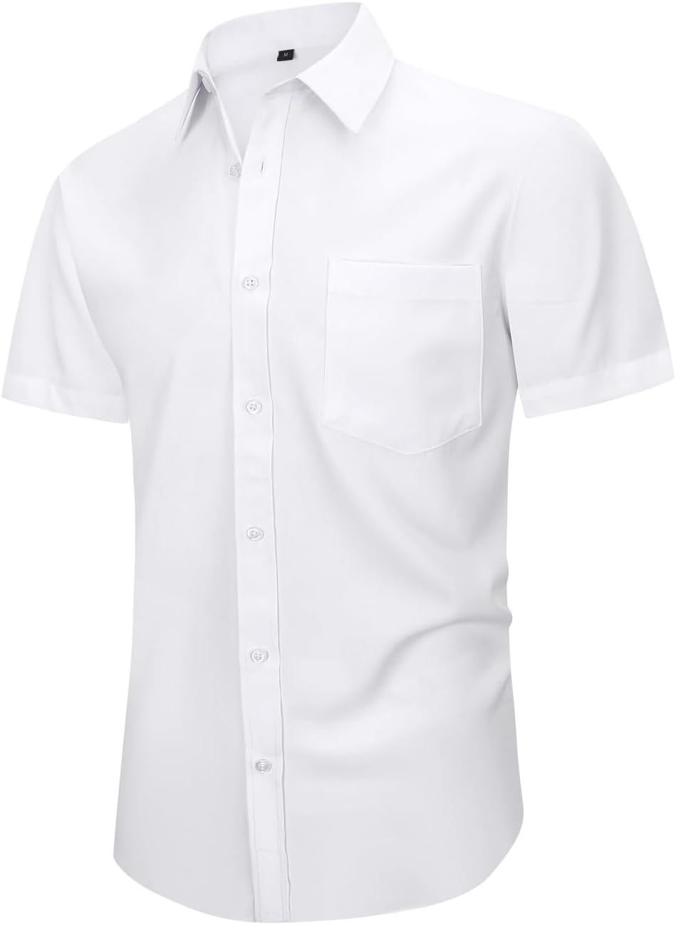 Men Short Sleeve Dress Shirt Stretch Solid Casual Button Down Shirts with Pocket Regular Fit