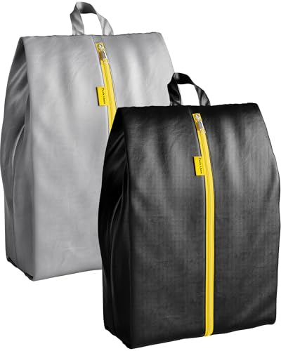 2 Pack Water Resistant Travel Shoe Bags with 2 Inner Pockets - Shoe Carrier Storage Cube Pouch with Zipper & Handle - Portable Shoe Bag for Gym, Traveling, Dance, Cross Country- Black & Grey