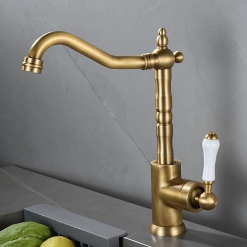 Grifos de Cocina Grifo Mezclador de Fregadero Caño Giratorio de Latón Antiguo de Una Sola Palanca para Agua Caliente Y Fría Mezclador de Fregadero