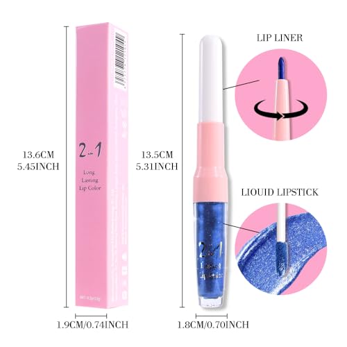 Image of evpct Blue Metallic Glitter Lip Liner and Lipstick Combo Lip Gloss Stain Set Makeup for Women Long Lasting Waterproof 24, Non Stick Cup Metal Shine Shimmer Iridescent Liquid Lipstick 24